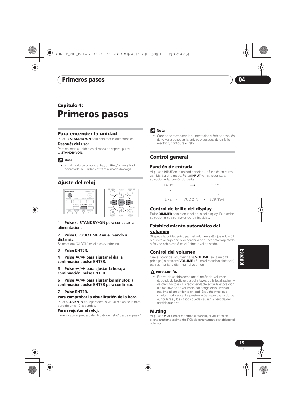 04 primeros pasos, Para encender la unidad, Ajuste del reloj | Control general, Función de entrada, Control de brillo del display, Establecimiento automático del volumen, Control del volumen, Muting, Primeros pasos | Pioneer X-HM31V-K User Manual | Page 225 / 256