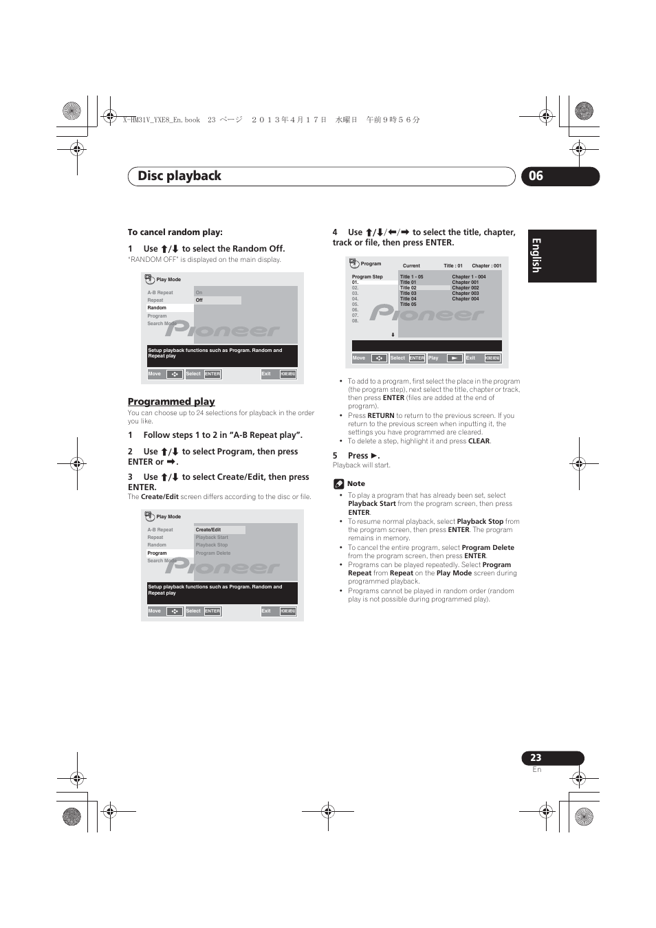 Programmed play, Disc playback 06, English | Pioneer X-HM31V-K User Manual | Page 23 / 256