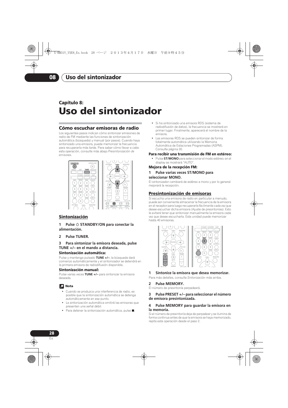 08 uso del sintonizador, Cómo escuchar emisoras de radio, Sintonización | Presintonización de emisoras, Uso del sintonizador, Uso del sintonizador 08, Capítulo 8, Sintonización manual, Para recibir una transmisión de fm en estéreo | Pioneer X-HM31V-K User Manual | Page 238 / 256