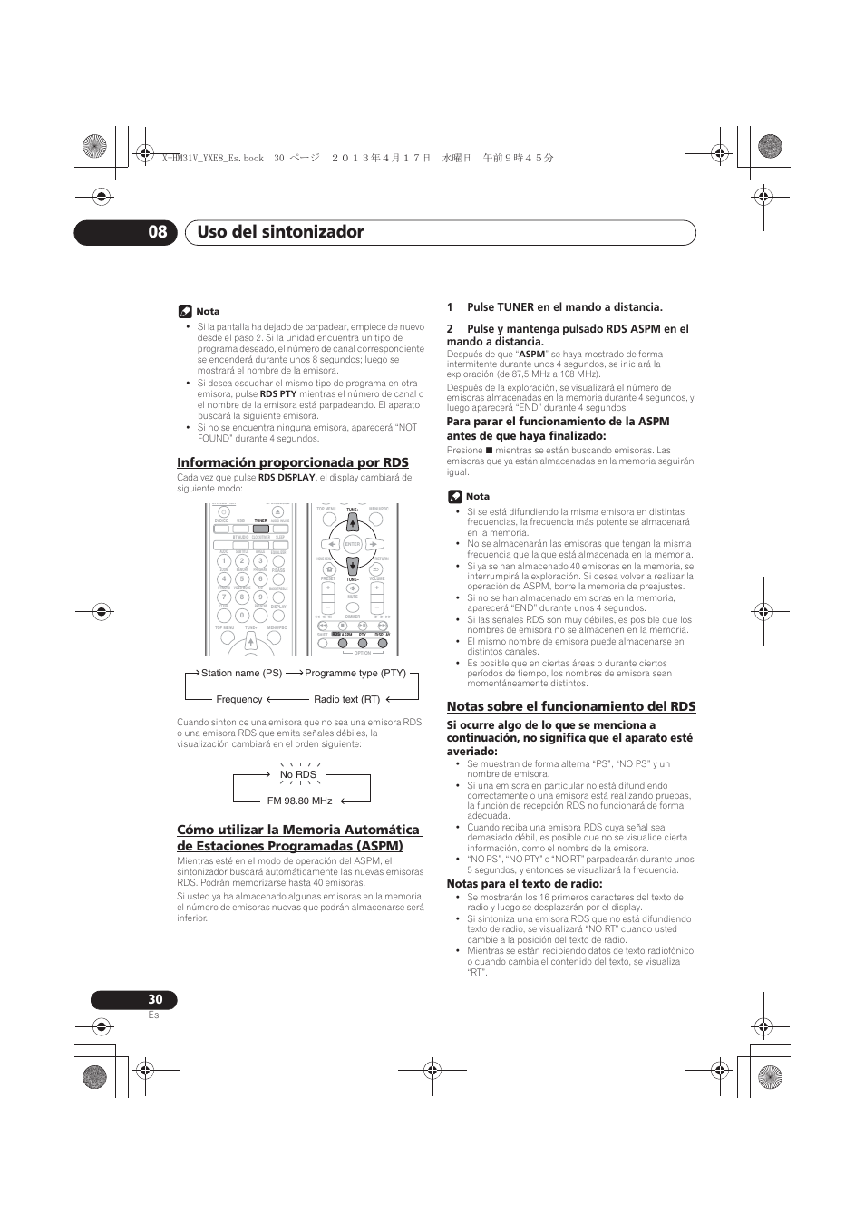 Información proporcionada por rds, Cómo utilizar la memoria automática de estaciones, Programadas (aspm) | Notas sobre el funcionamiento del rds, Uso del sintonizador 08, Notas para el texto de radio | Pioneer X-HM31V-K User Manual | Page 240 / 256