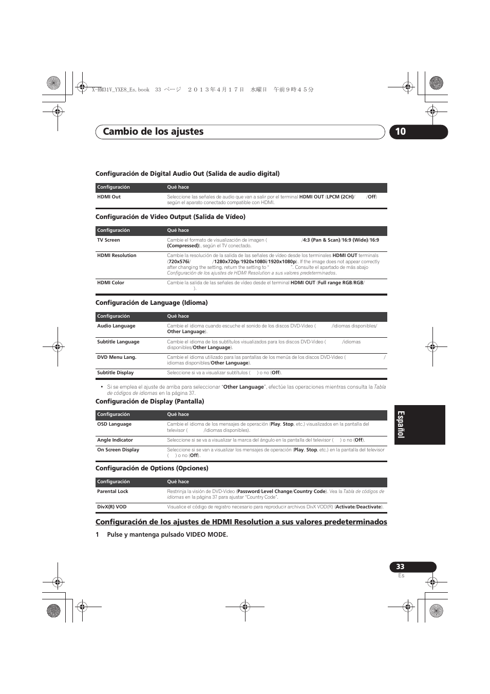 Valores predeterminados, Cambio de los ajustes 10 | Pioneer X-HM31V-K User Manual | Page 243 / 256