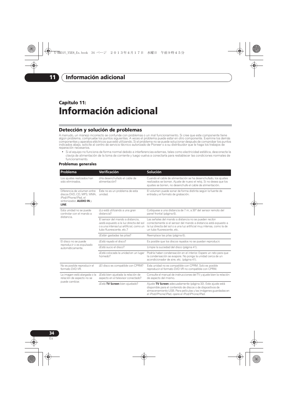11 información adicional, Detección y solución de problemas, Información adicional | Información adicional 11, Capítulo 11 | Pioneer X-HM31V-K User Manual | Page 244 / 256