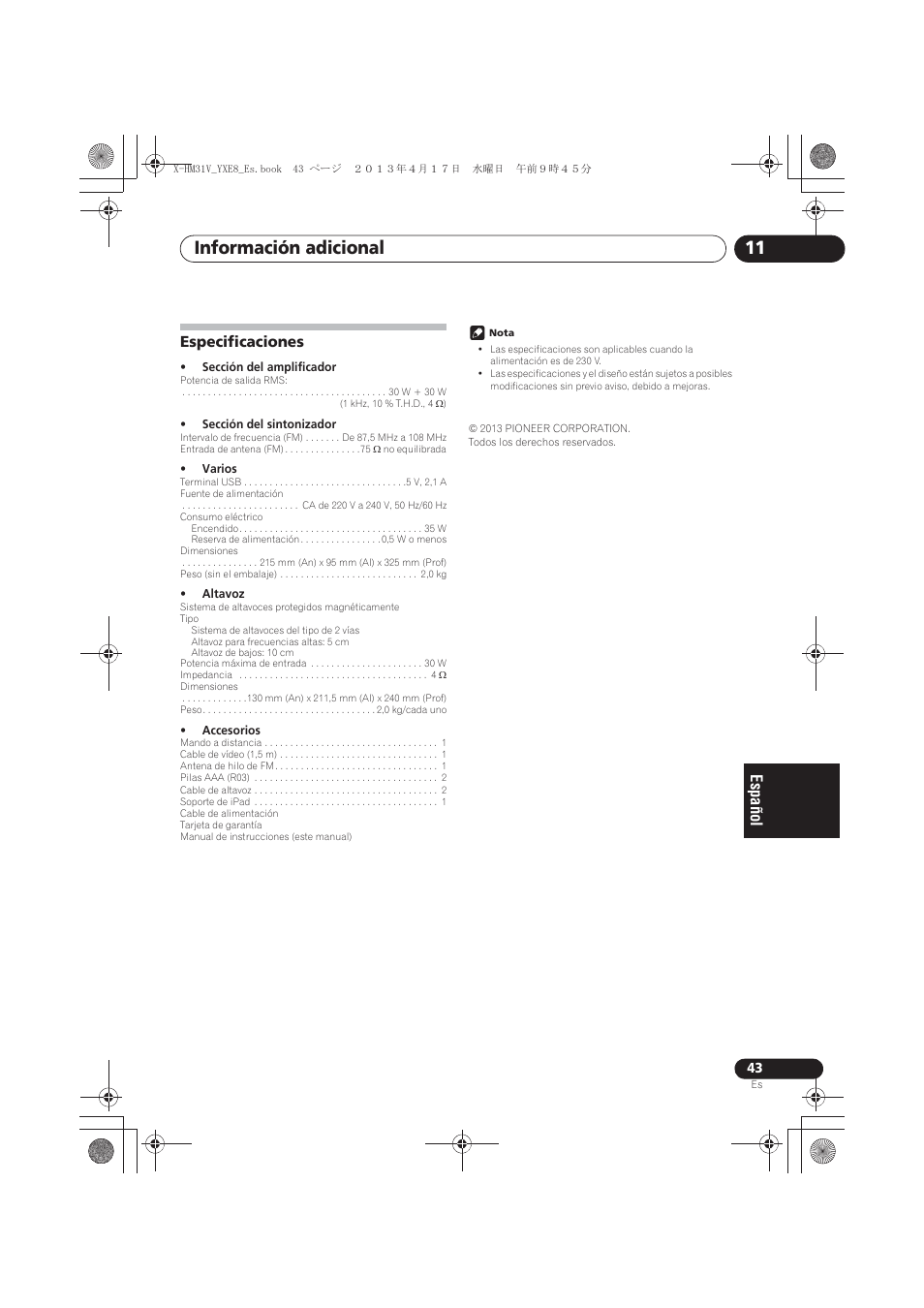 Especificaciones, Información adicional 11 | Pioneer X-HM31V-K User Manual | Page 253 / 256