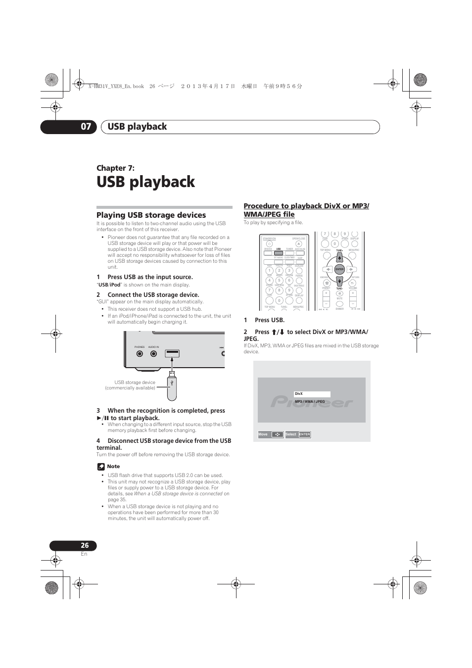 07 usb playback, Playing usb storage devices, Procedure to playback divx or mp3/wma/jpeg | File, Usb playback, Usb playback 07, Chapter 7, Procedure to playback divx or mp3/ wma/jpeg file, 1press usb as the input source, 2connect the usb storage device | Pioneer X-HM31V-K User Manual | Page 26 / 256
