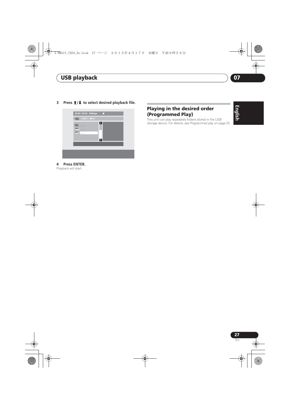 Playing in the desired order (programmed play), Usb playback 07, English | Pioneer X-HM31V-K User Manual | Page 27 / 256