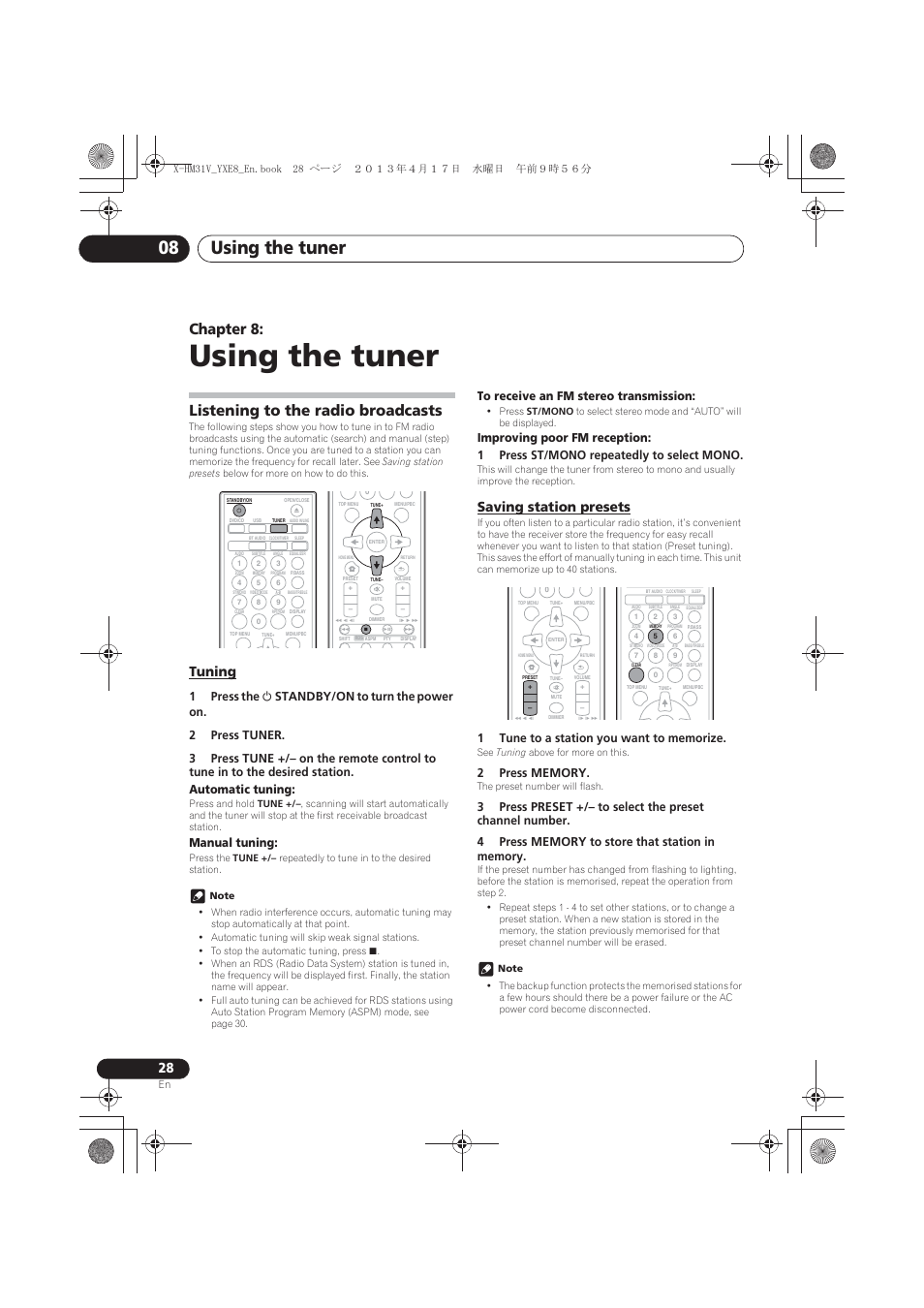 08 using the tuner, Listening to the radio broadcasts, Tuning | Saving station presets, Using the tuner, Using the tuner 08, Chapter 8, Manual tuning | Pioneer X-HM31V-K User Manual | Page 28 / 256