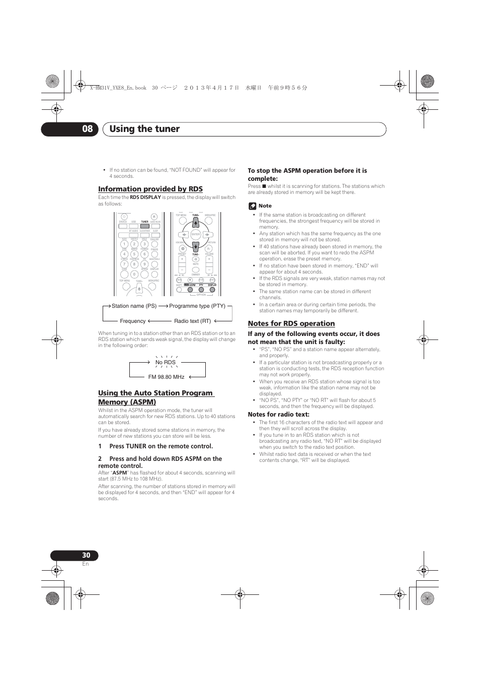 Information provided by rds, Using the auto station program memory (aspm), Notes for rds operation | Using the tuner 08 | Pioneer X-HM31V-K User Manual | Page 30 / 256