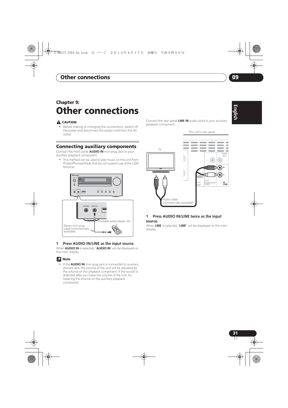 09 other connections, Connecting auxiliary components, Other connections | Other connections 09, English, Chapter 9, Timer | Pioneer X-HM31V-K User Manual | Page 31 / 256