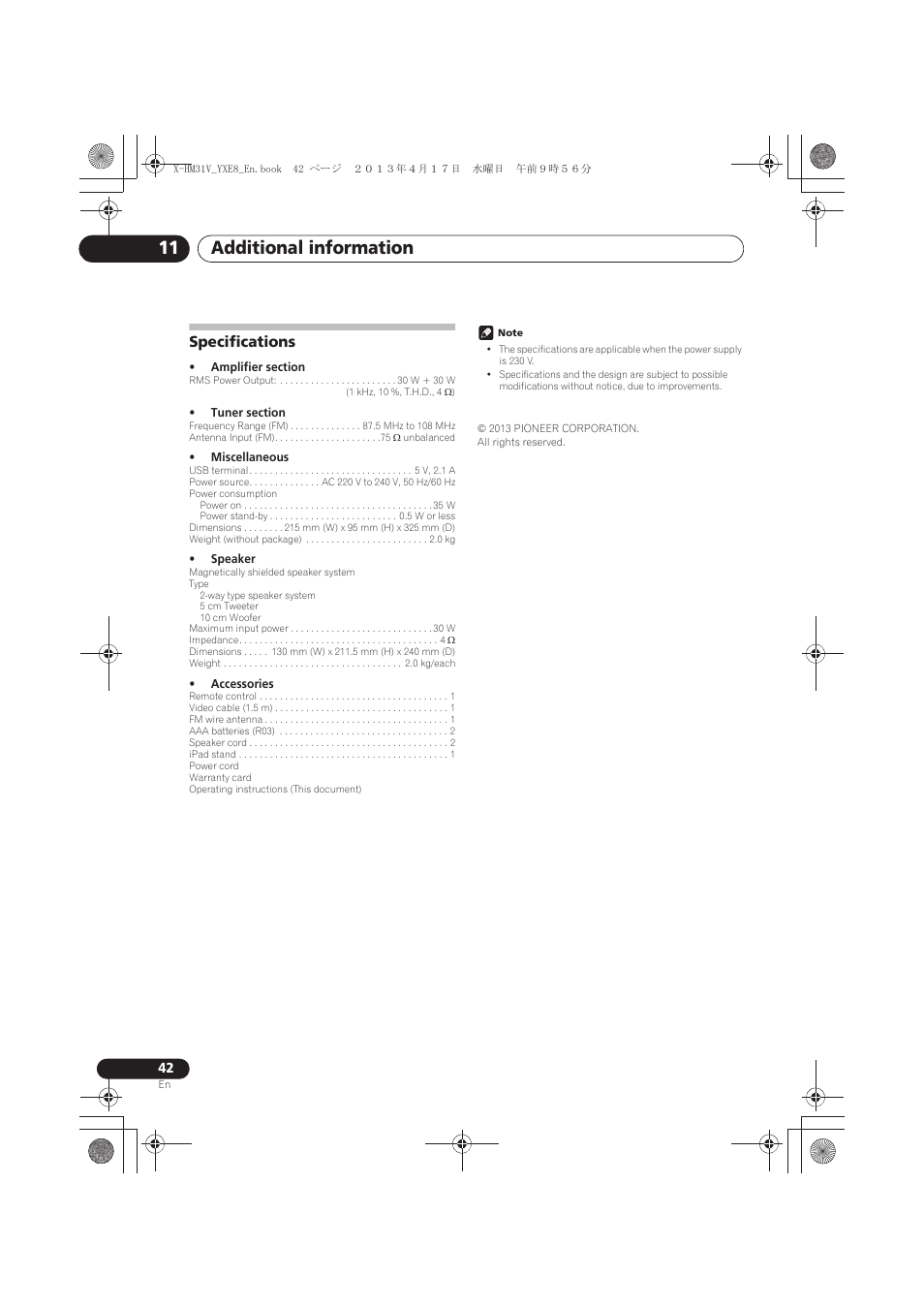 Specifications, Additional information 11 | Pioneer X-HM31V-K User Manual | Page 42 / 256