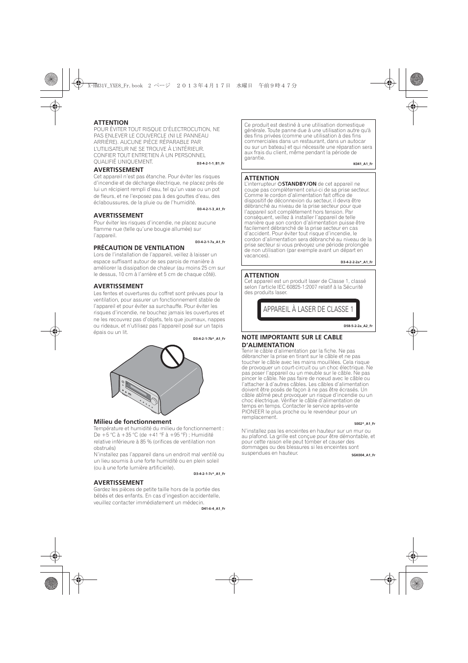 X-hm31v_yxe8_fr_5d, Appareil à laser de classe 1 | Pioneer X-HM31V-K User Manual | Page 44 / 256