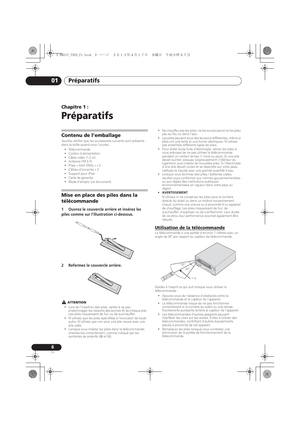 01 préparatifs, Contenu de l’emballage, Mise en place des piles dans la télécommande | Utilisation de la télécommande, Préparatifs, Préparatifs 01, Chapitre 1 | Pioneer X-HM31V-K User Manual | Page 48 / 256
