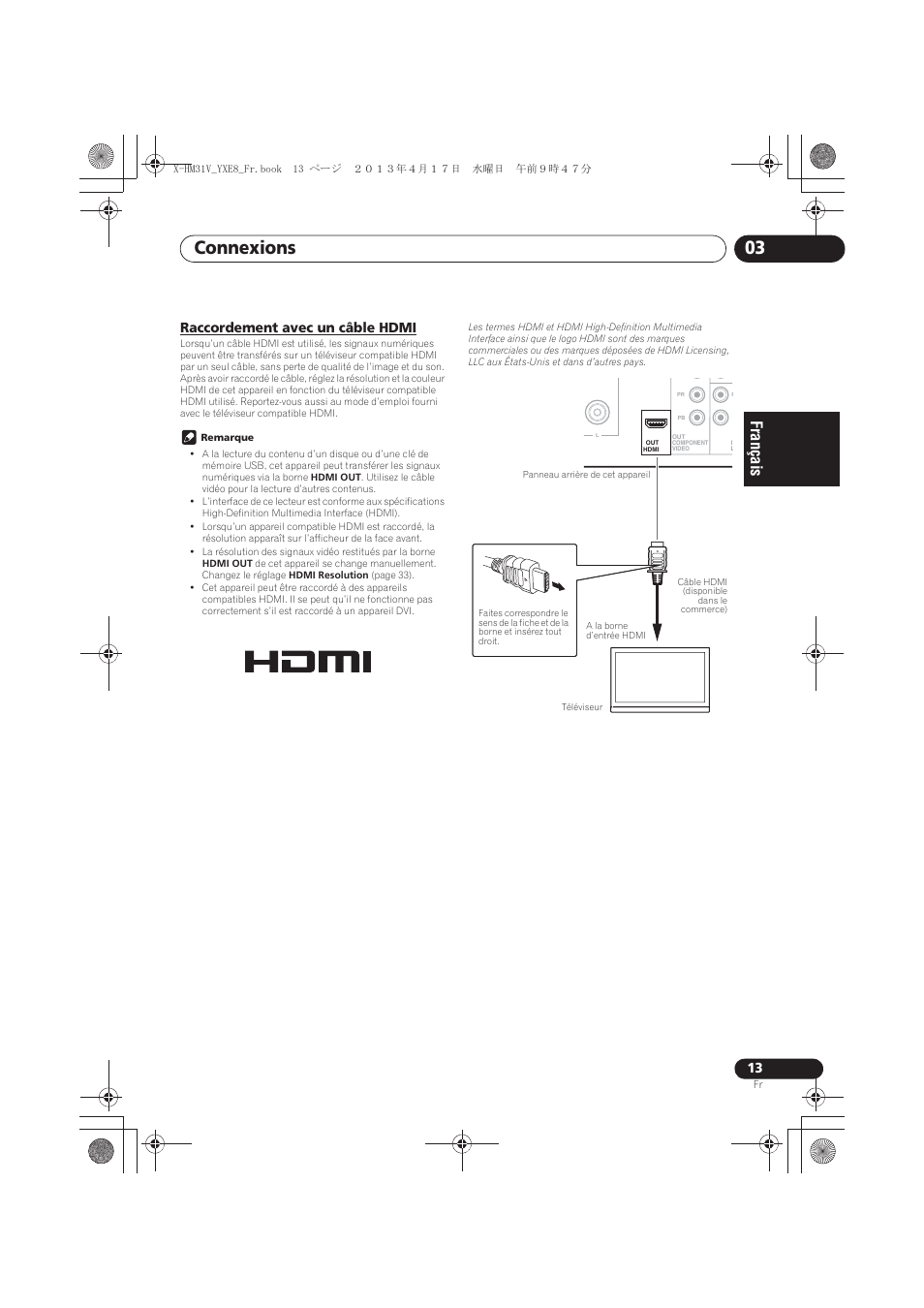 Raccordement avec un câble hdmi, Connexions 03 | Pioneer X-HM31V-K User Manual | Page 55 / 256