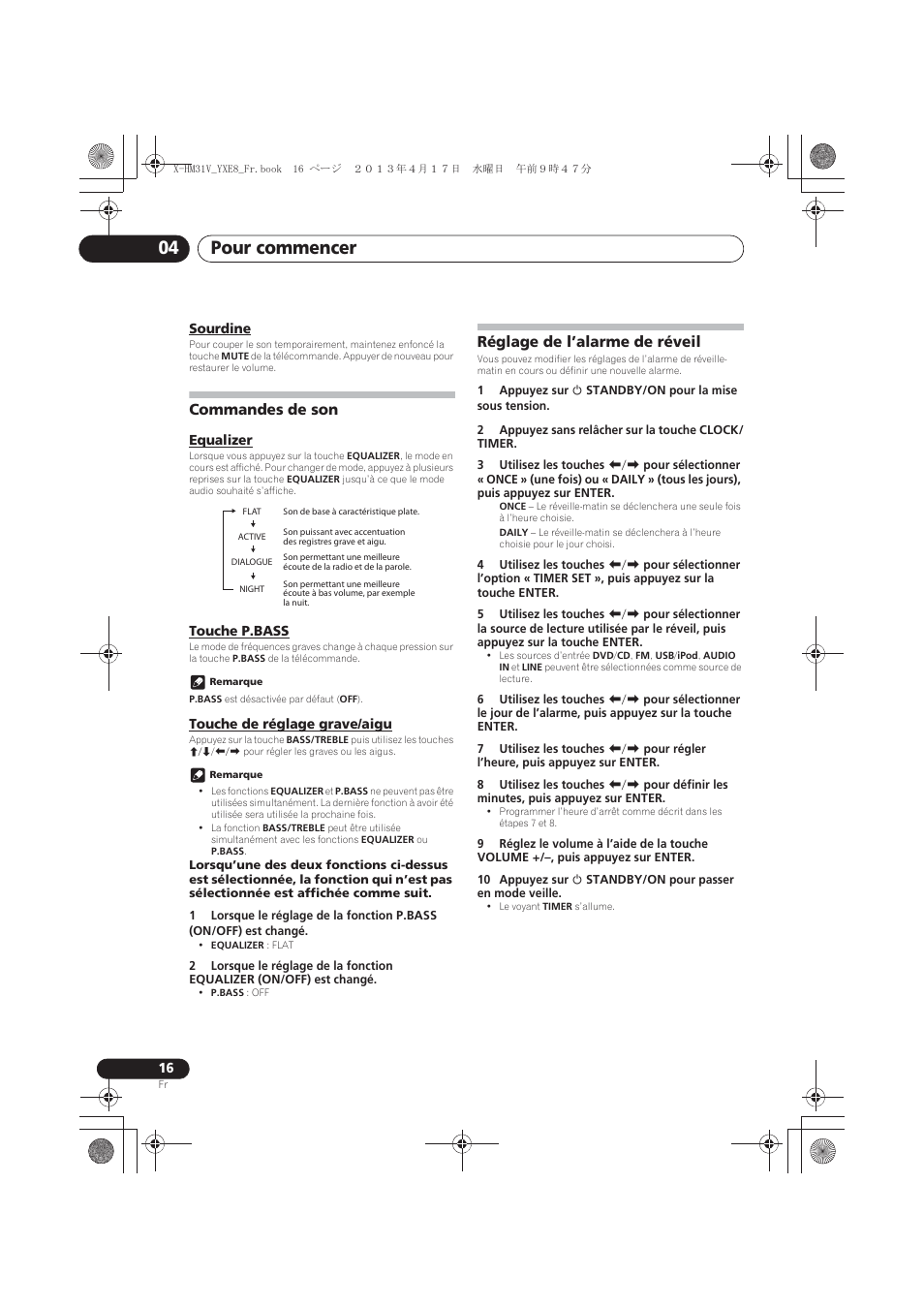 Sourdine, Commandes de son, Equalizer | Touche p.bass, Touche de réglage grave/aigu, Réglage de l’alarme de réveil, Pour commencer 04 | Pioneer X-HM31V-K User Manual | Page 58 / 256