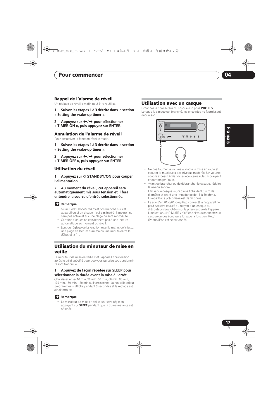 Rappel de l’alarme de réveil, Annulation de l’alarme de réveil, Utilisation du réveil | Utilisation du minuteur de mise en veille, Utilisation avec un casque, Pour commencer 04 | Pioneer X-HM31V-K User Manual | Page 59 / 256