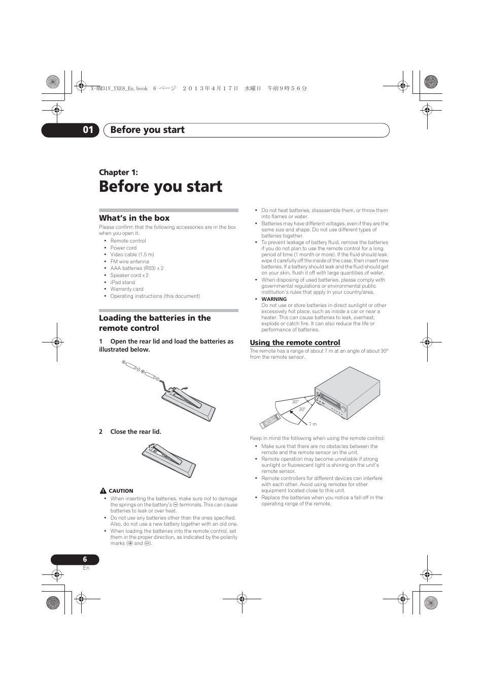 01 before you start, What’s in the box, Loading the batteries in the remote control | Using the remote control, Before you start, Before you start 01, Chapter 1 | Pioneer X-HM31V-K User Manual | Page 6 / 256