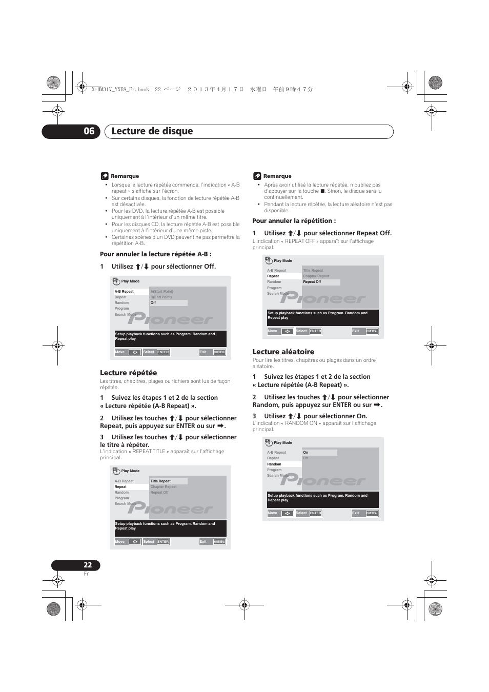 Lecture répétée, Lecture aléatoire, Lecture de disque 06 | Pioneer X-HM31V-K User Manual | Page 64 / 256