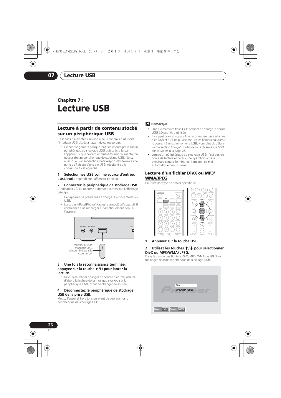 07 lecture usb, Lecture d’un fichier divx ou mp3/ wma/jpeg, Lecture usb | Lecture usb 07, Chapitre 7, 1sélectionnez usb comme source d’entrée, 2connectez le périphérique de stockage usb | Pioneer X-HM31V-K User Manual | Page 68 / 256