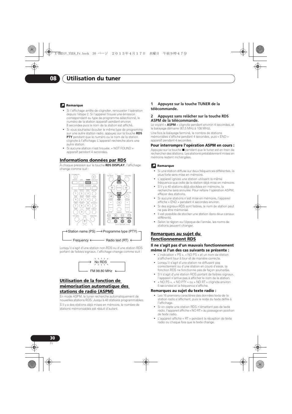 Informations données par rds, Des stations de radio (aspm), Remarques au sujet du fonctionnement rds | Utilisation du tuner 08, Pour interrompre l’opération aspm en cours, Remarques au sujet du texte radio | Pioneer X-HM31V-K User Manual | Page 72 / 256