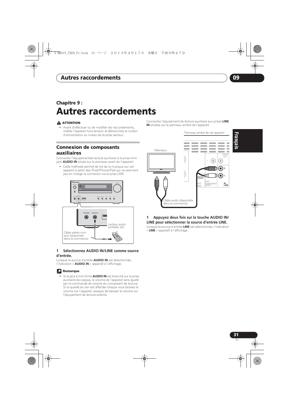 09 autres raccordements, Connexion de composants auxiliaires, Autres raccordements | Autres raccordements 09, Chapitre 9, Timer | Pioneer X-HM31V-K User Manual | Page 73 / 256