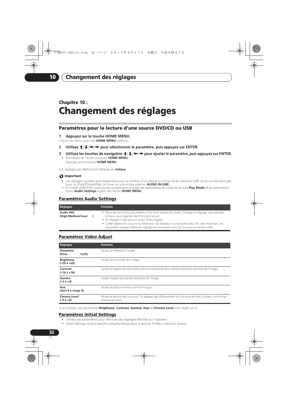 10 changement des réglages, Paramètres pour la lecture d’une source dvd/cd ou, Paramètres audio settings | Paramètres video adjust, Paramètres initial settings, Changement des réglages, Changement des réglages 10, Chapitre 10 | Pioneer X-HM31V-K User Manual | Page 74 / 256