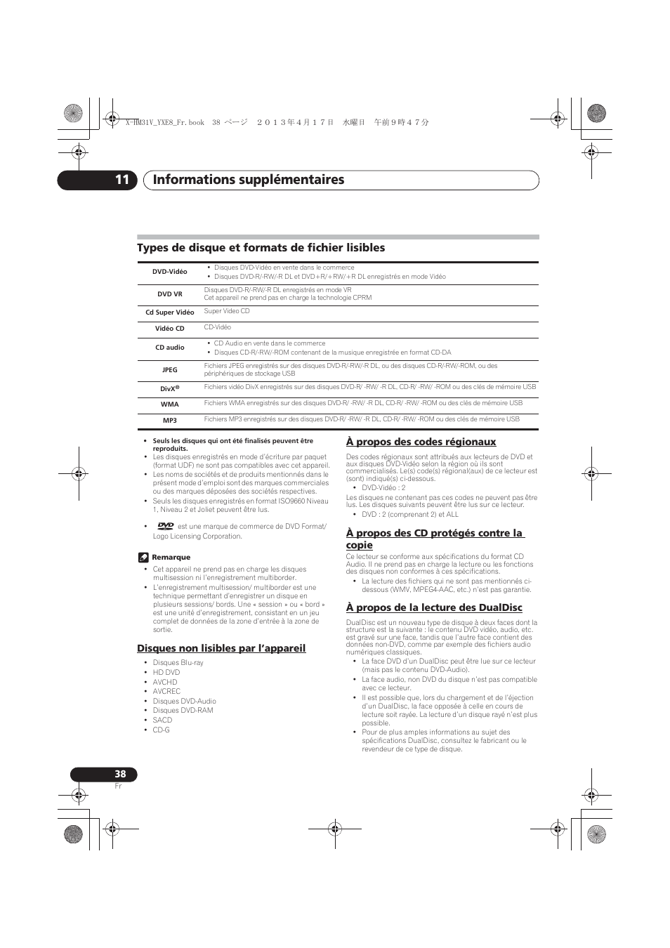 Types de disque et formats de fichier lisibles, Disques non lisibles par l’appareil, À propos des codes régionaux | À propos des cd protégés contre la copie, À propos de la lecture des dualdisc, Informations supplémentaires 11 | Pioneer X-HM31V-K User Manual | Page 80 / 256