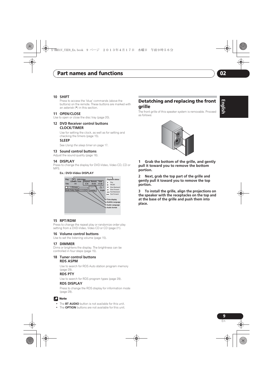 Detatching and replacing the front grille, Part names and functions 02, English | Pioneer X-HM31V-K User Manual | Page 9 / 256