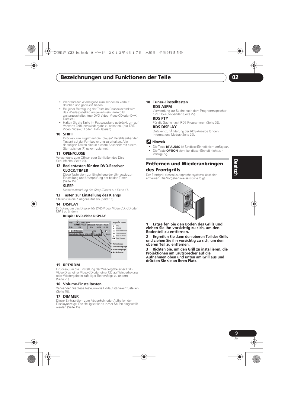 Entfernen und wiederanbringen des frontgrills, Bezeichnungen und funktionen der teile 02 | Pioneer X-HM31V-K User Manual | Page 93 / 256