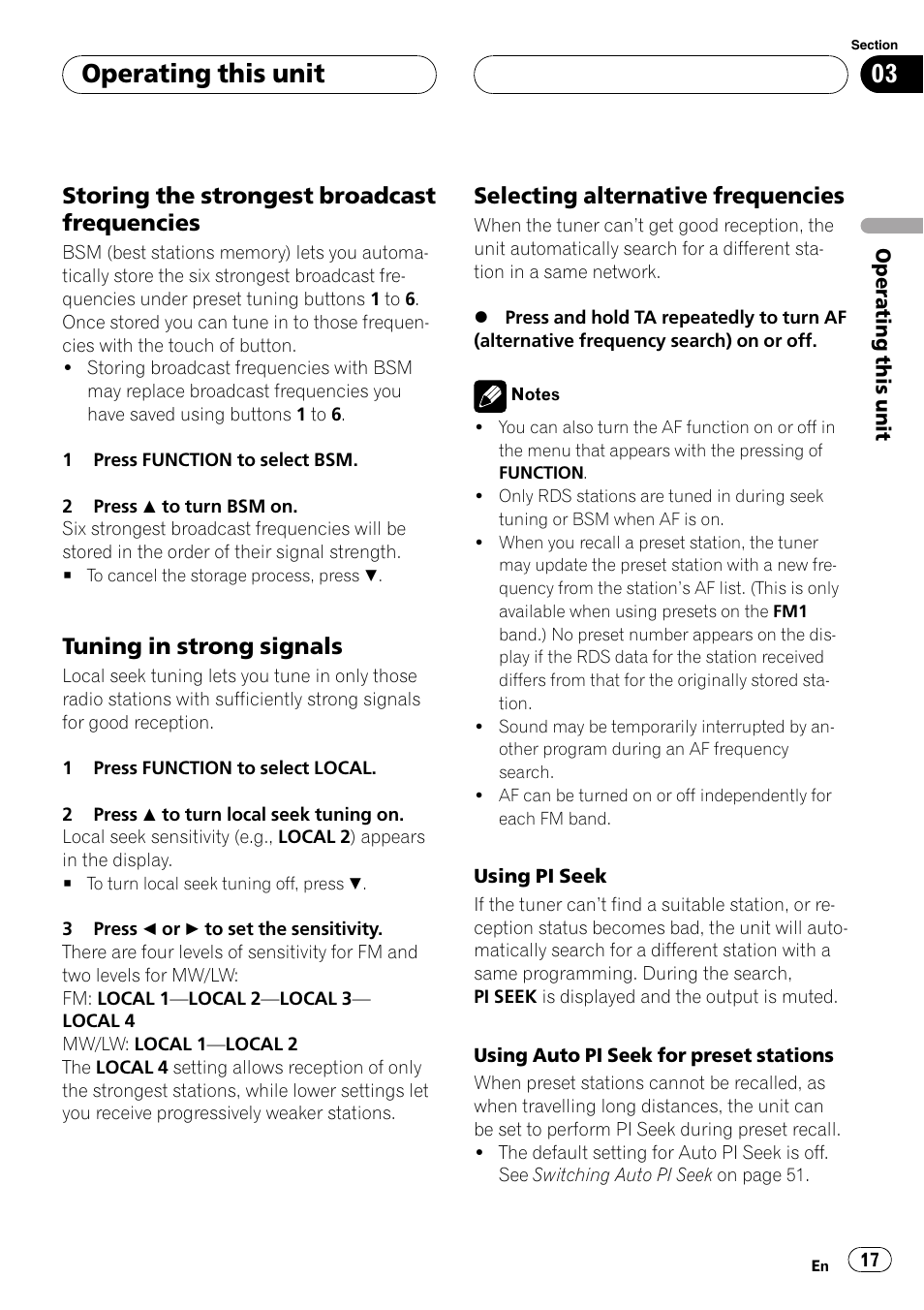 Operating this unit, Storing the strongest broadcast frequencies, Tuning in strong signals | Selecting alternative frequencies | Pioneer DVH-P590MP User Manual | Page 17 / 97