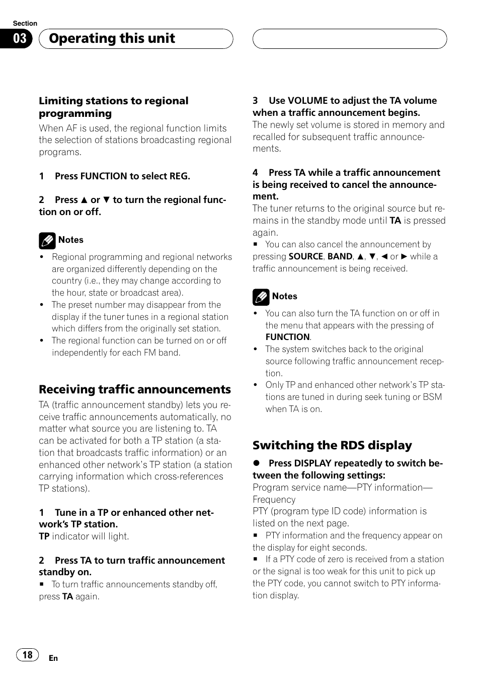 Operating this unit, Receiving traffic announcements, Switching the rds display | Pioneer DVH-P590MP User Manual | Page 18 / 97