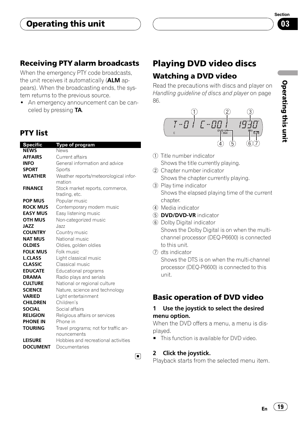 Playing dvd video discs, Operating this unit, Receiving pty alarm broadcasts | Pty list, Watching a dvd video, Basic operation of dvd video | Pioneer DVH-P590MP User Manual | Page 19 / 97