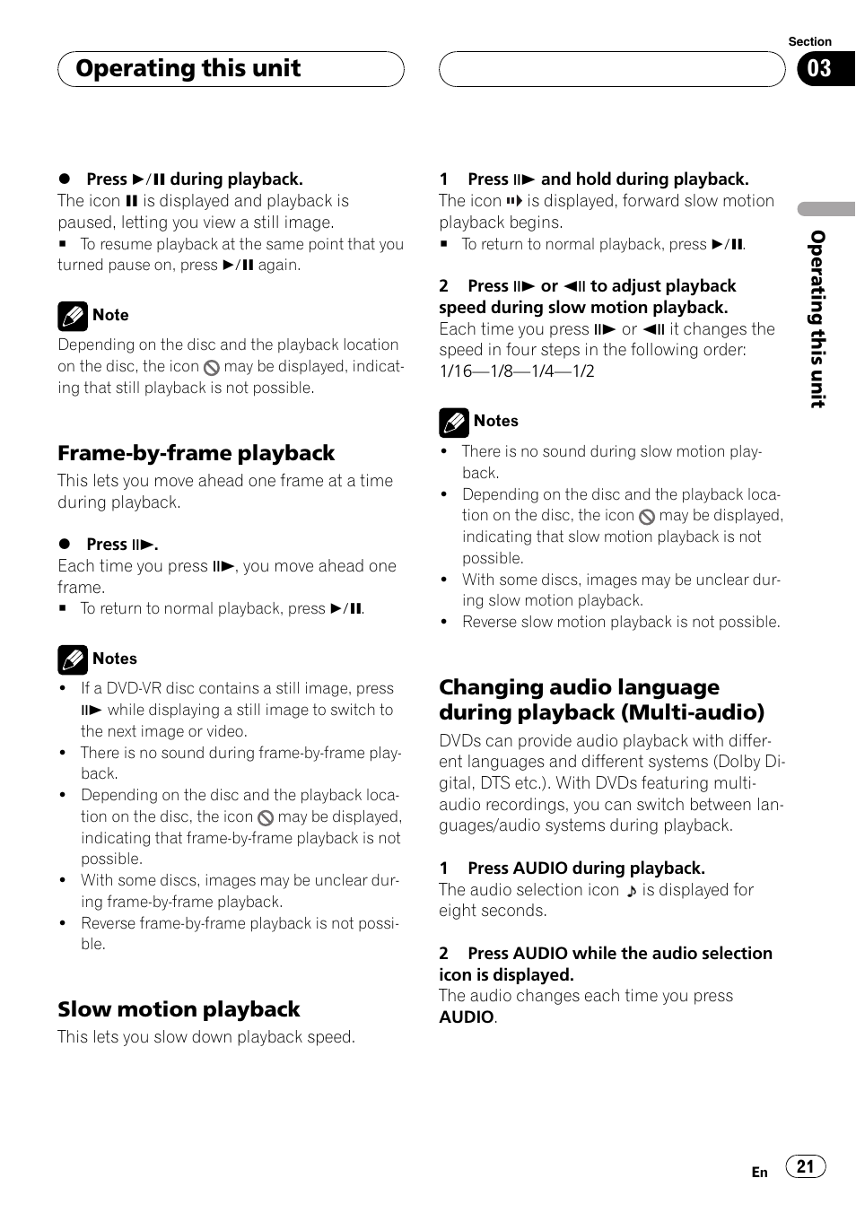 Operating this unit, Frame-by-frame playback, Slow motion playback | Pioneer DVH-P590MP User Manual | Page 21 / 97