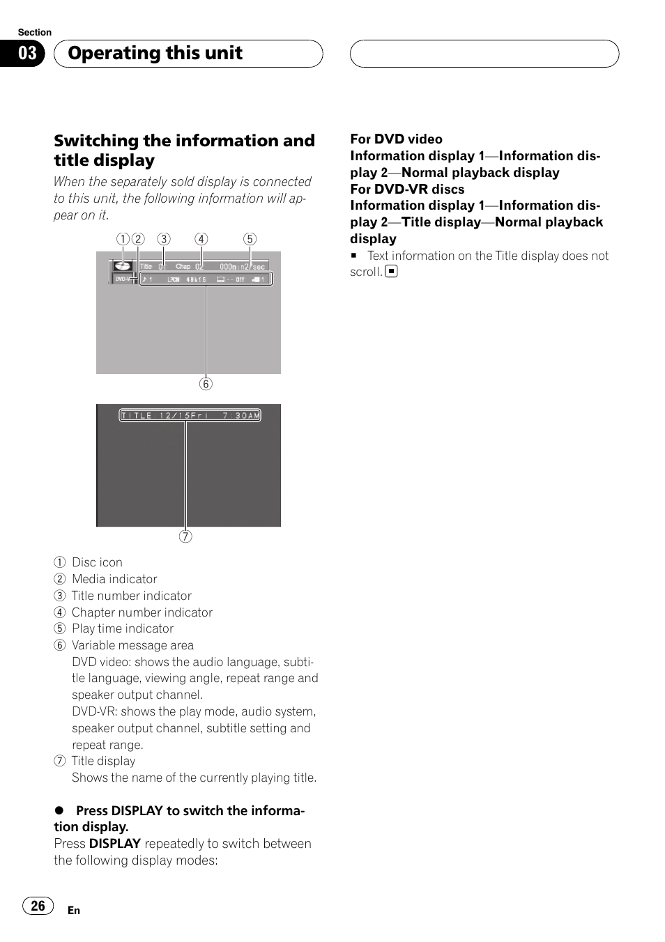 Operating this unit, Switching the information and title display | Pioneer DVH-P590MP User Manual | Page 26 / 97