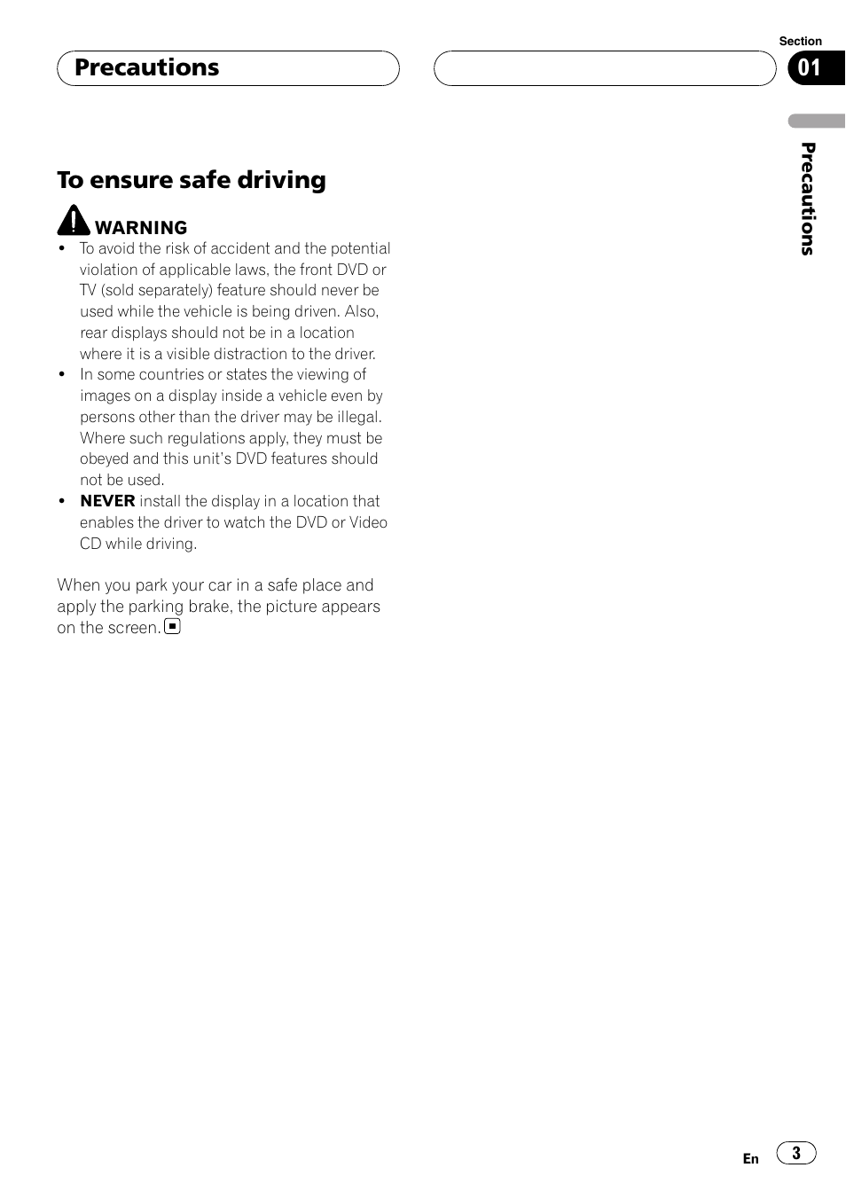 Precautions to ensure safe driving, Precautions | Pioneer DVH-P590MP User Manual | Page 3 / 97