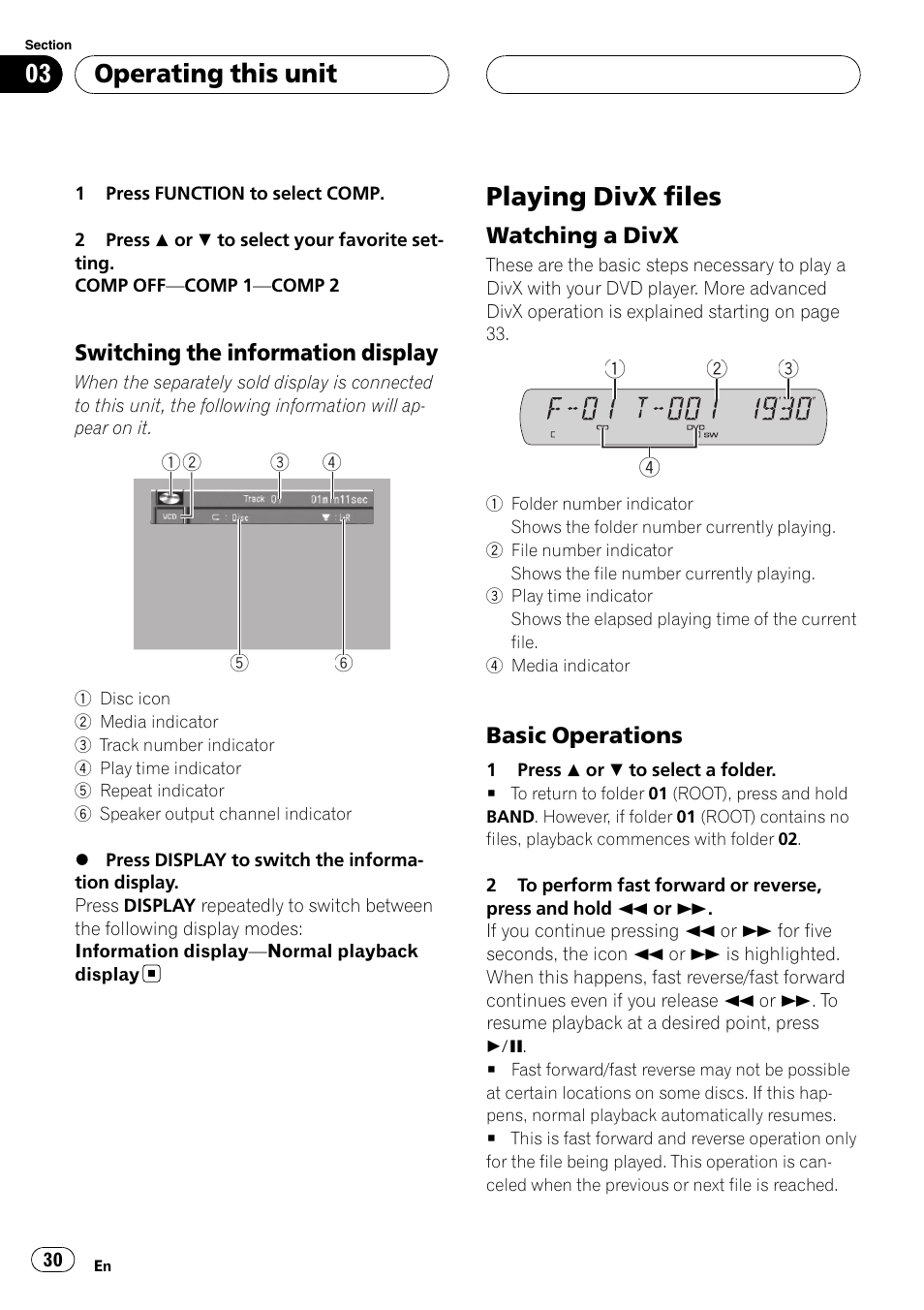 Playing divx files, Operating this unit, Switching the information display | Watching a divx, Basic operations | Pioneer DVH-P590MP User Manual | Page 30 / 97