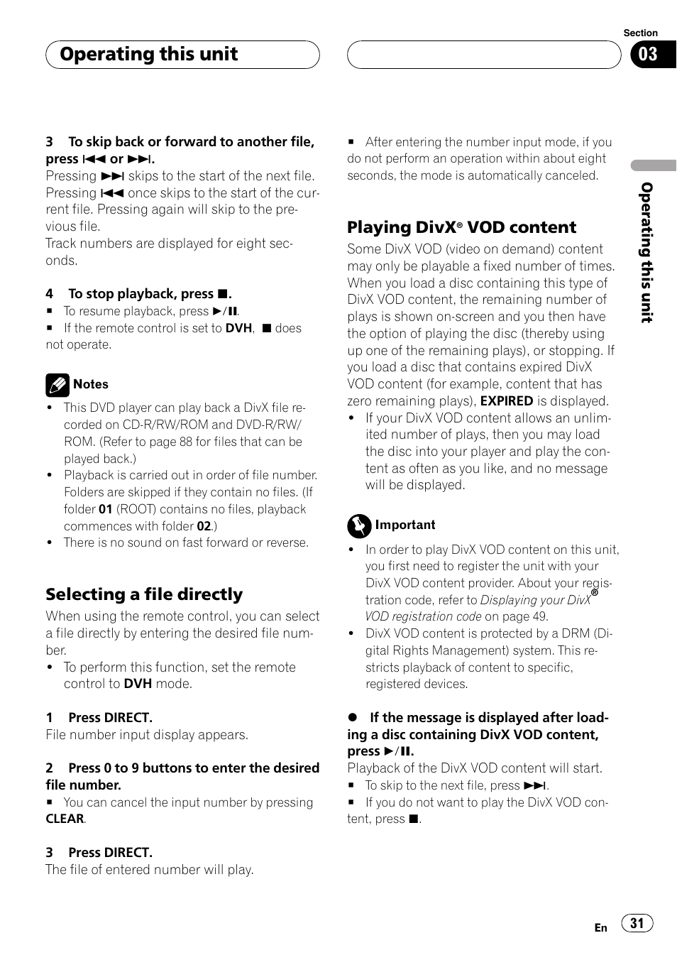 Operating this unit, Selecting a file directly, Playing divx | Vod content | Pioneer DVH-P590MP User Manual | Page 31 / 97