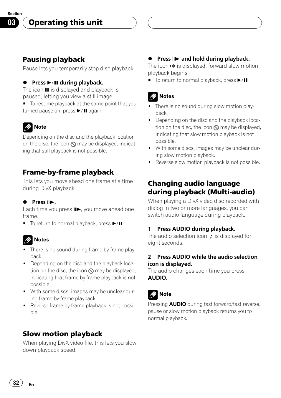 Operating this unit, Pausing playback, Frame-by-frame playback | Slow motion playback | Pioneer DVH-P590MP User Manual | Page 32 / 97