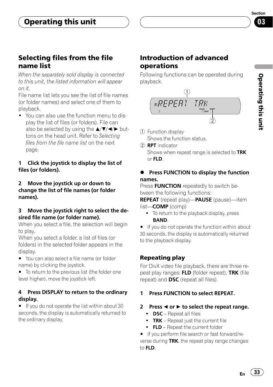 Operating this unit, Selecting files from the file name list, Introduction of advanced operations | Pioneer DVH-P590MP User Manual | Page 33 / 97