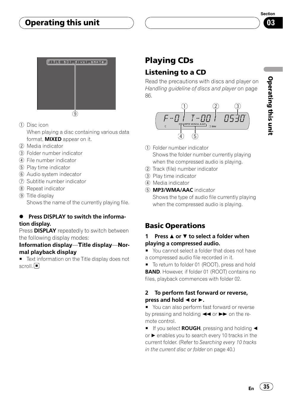 Playing cds, Operating this unit, Listening to a cd | Basic operations | Pioneer DVH-P590MP User Manual | Page 35 / 97