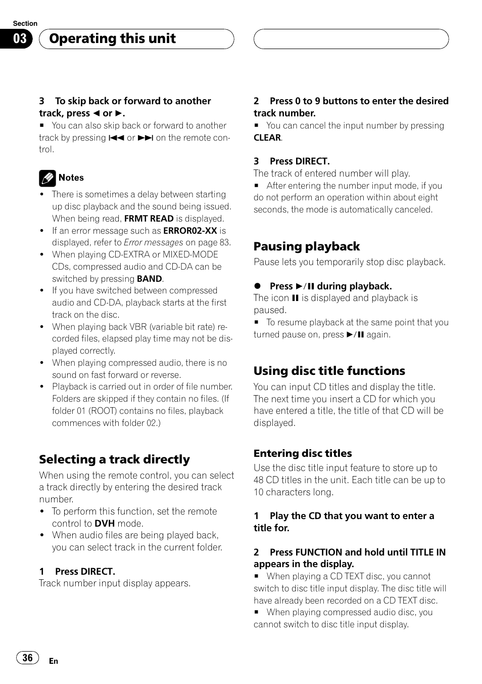 Operating this unit, Selecting a track directly, Pausing playback | Using disc title functions | Pioneer DVH-P590MP User Manual | Page 36 / 97