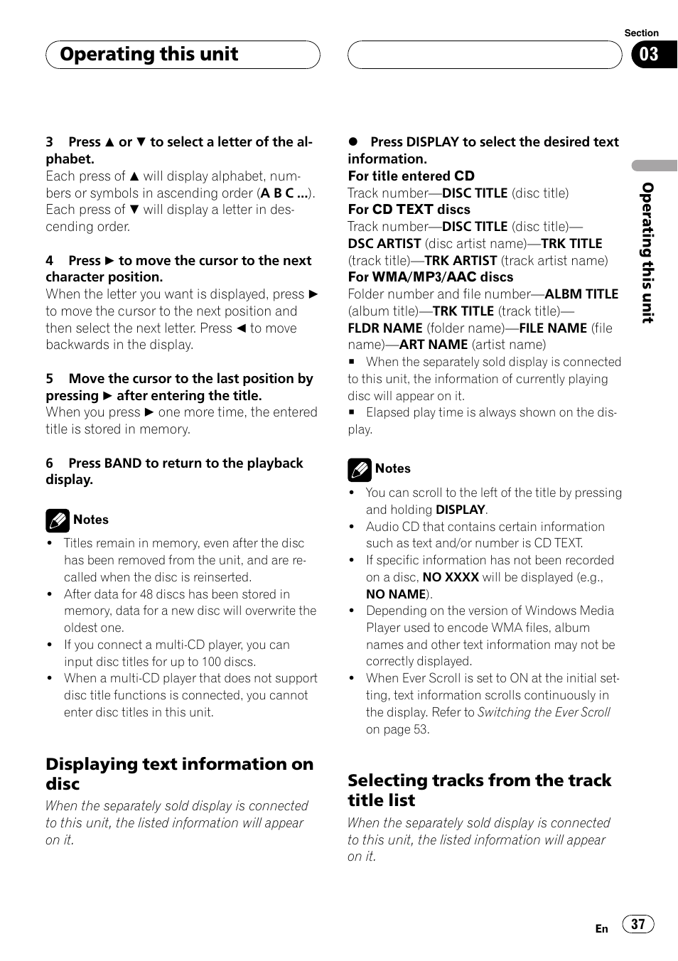 Operating this unit, Displaying text information on disc, Selecting tracks from the track title list | Pioneer DVH-P590MP User Manual | Page 37 / 97