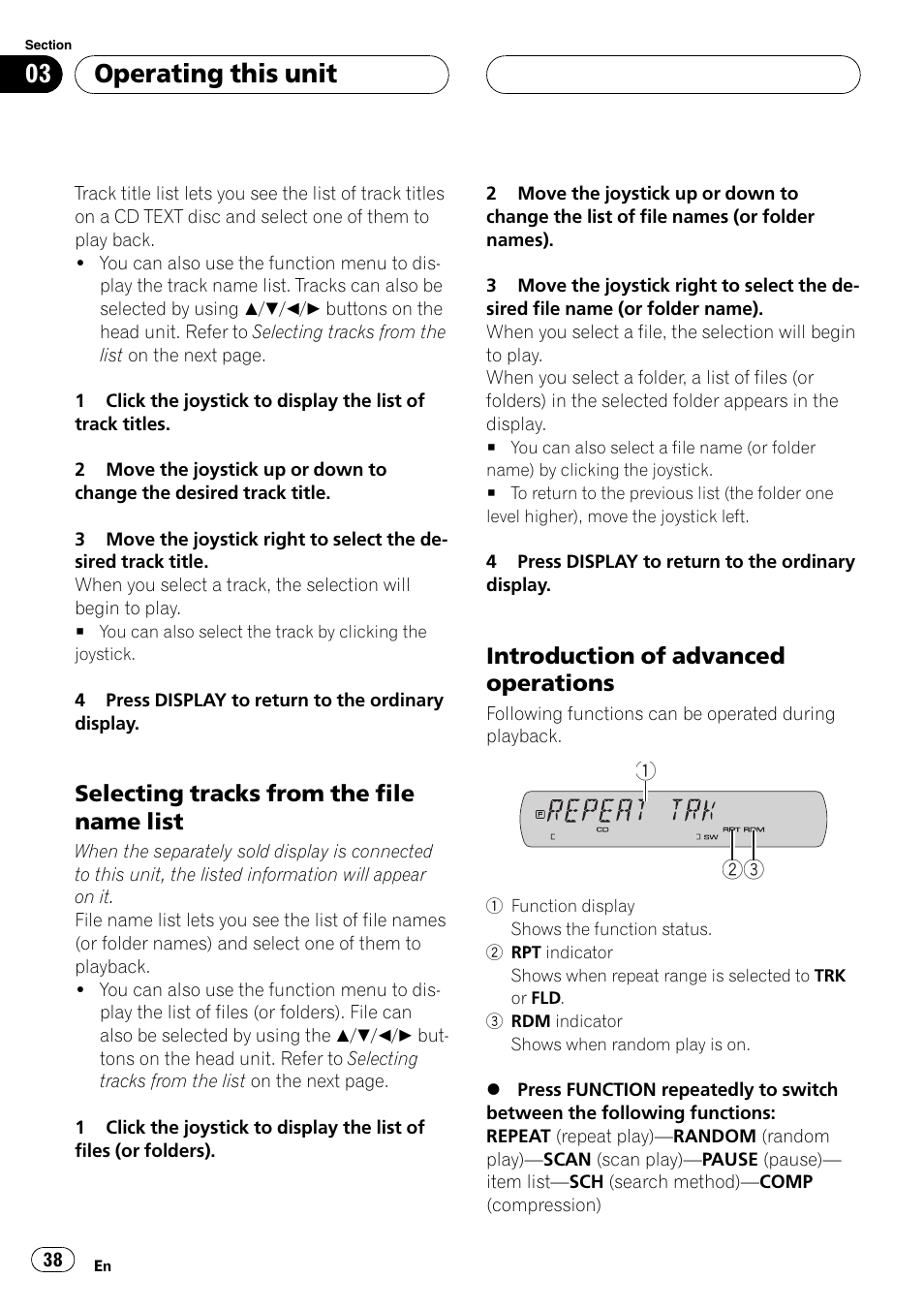 Operating this unit, Selecting tracks from the file name list, Introduction of advanced operations | Pioneer DVH-P590MP User Manual | Page 38 / 97