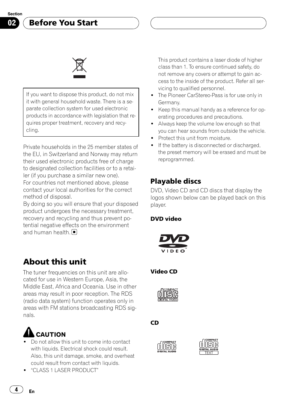 Playable discs 4, Before you start about this unit, About this unit | Before you start, Playable discs | Pioneer DVH-P590MP User Manual | Page 4 / 97