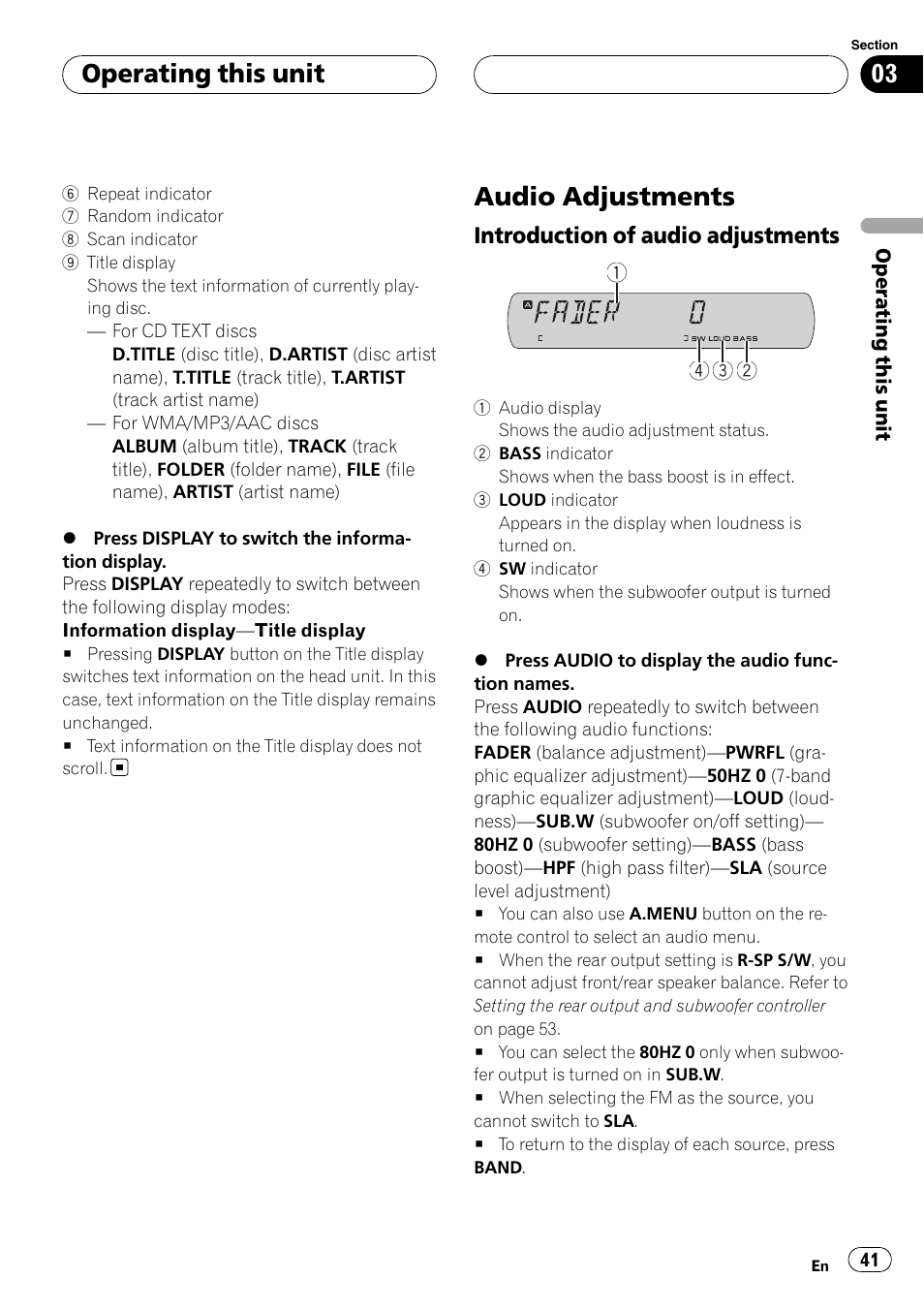 Audio adjustments, Operating this unit, Introduction of audio adjustments | Pioneer DVH-P590MP User Manual | Page 41 / 97