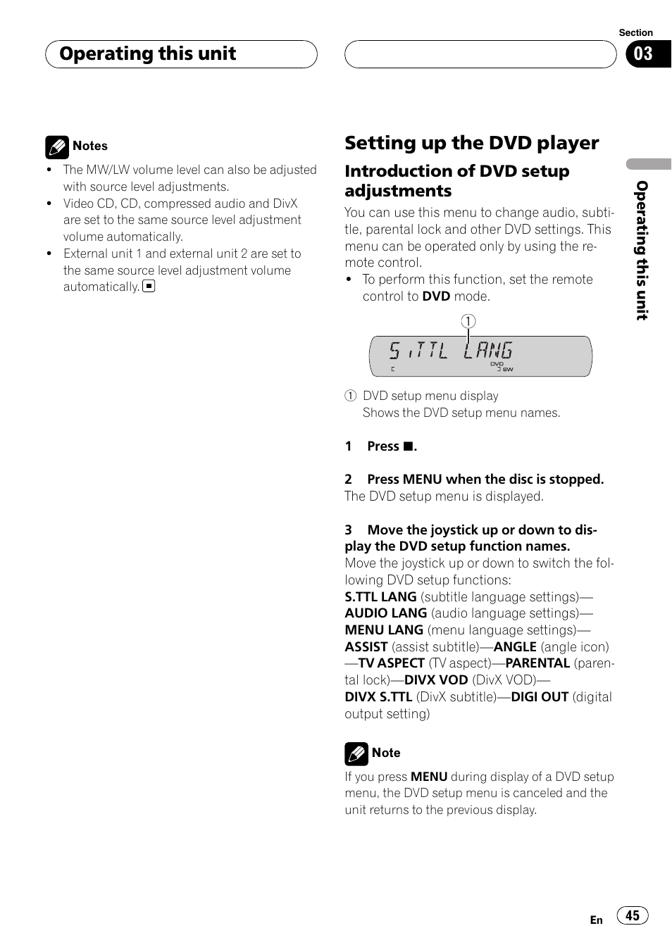 Setting up the dvd player, Operating this unit, Introduction of dvd setup adjustments | Pioneer DVH-P590MP User Manual | Page 45 / 97