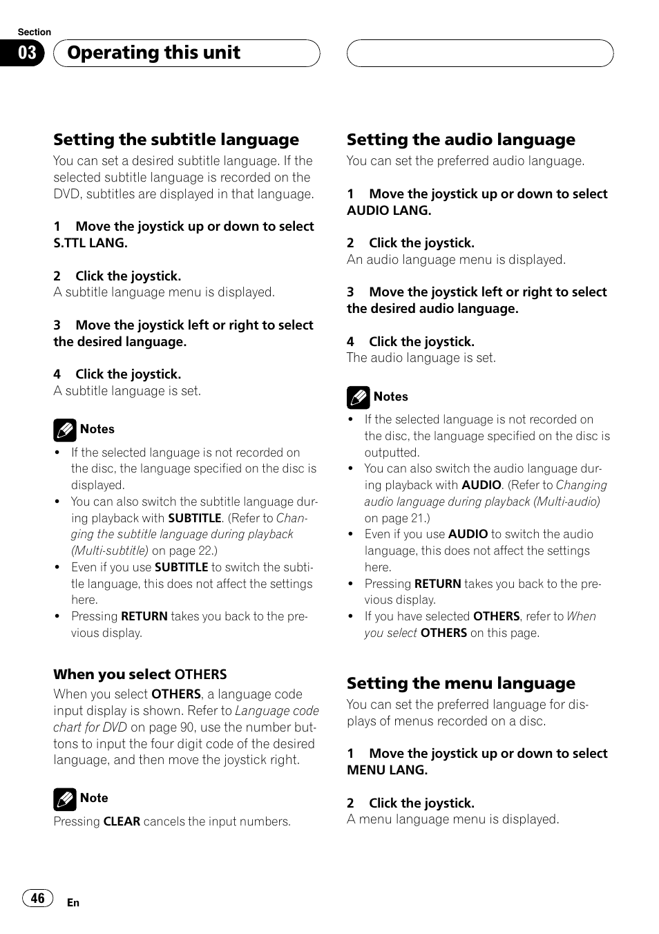 Operating this unit, Setting the subtitle language, Setting the audio language | Setting the menu language | Pioneer DVH-P590MP User Manual | Page 46 / 97