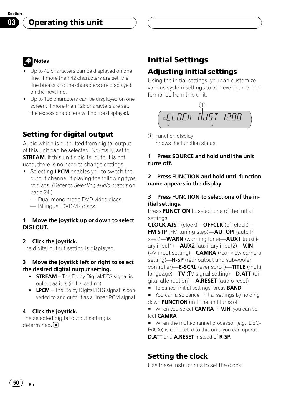 Initial settings, Operating this unit, Setting for digital output | Adjusting initial settings, Setting the clock | Pioneer DVH-P590MP User Manual | Page 50 / 97