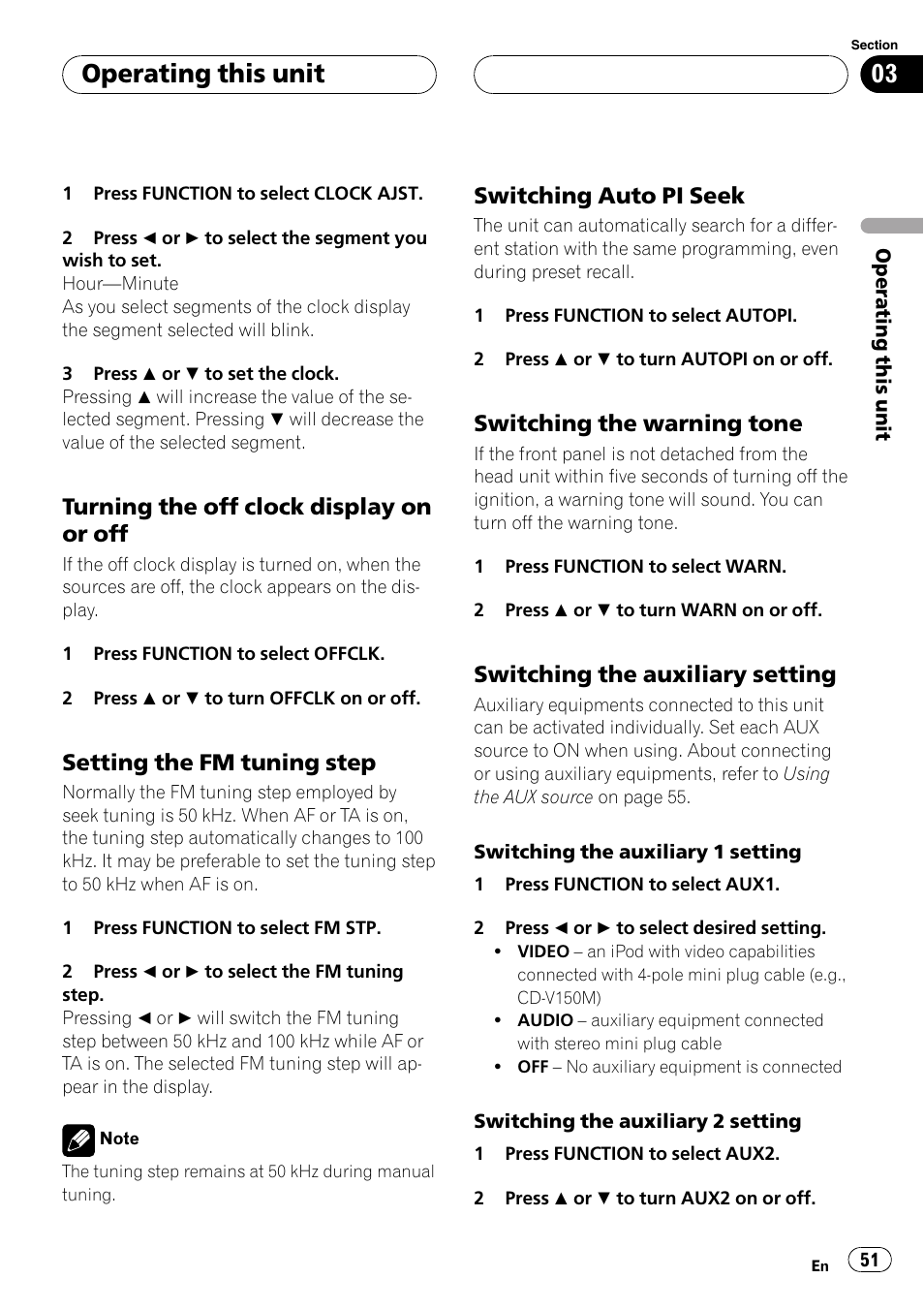 Switch, Operating this unit, Turning the off clock display on or off | Setting the fm tuning step, Switching auto pi seek, Switching the warning tone, Switching the auxiliary setting | Pioneer DVH-P590MP User Manual | Page 51 / 97