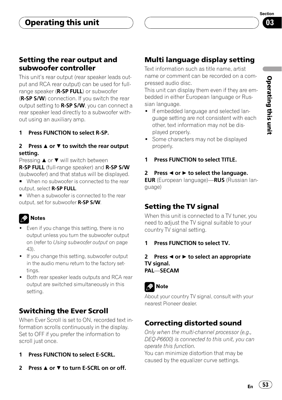 Operating this unit, Setting the rear output and subwoofer controller, Switching the ever scroll | Multi language display setting, Setting the tv signal, Correcting distorted sound | Pioneer DVH-P590MP User Manual | Page 53 / 97