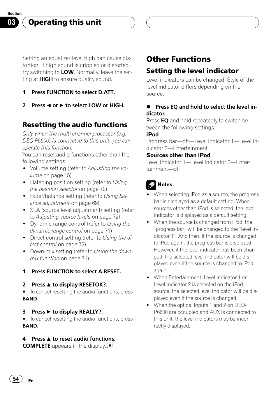 Other functions, Operating this unit, Resetting the audio functions | Setting the level indicator | Pioneer DVH-P590MP User Manual | Page 54 / 97