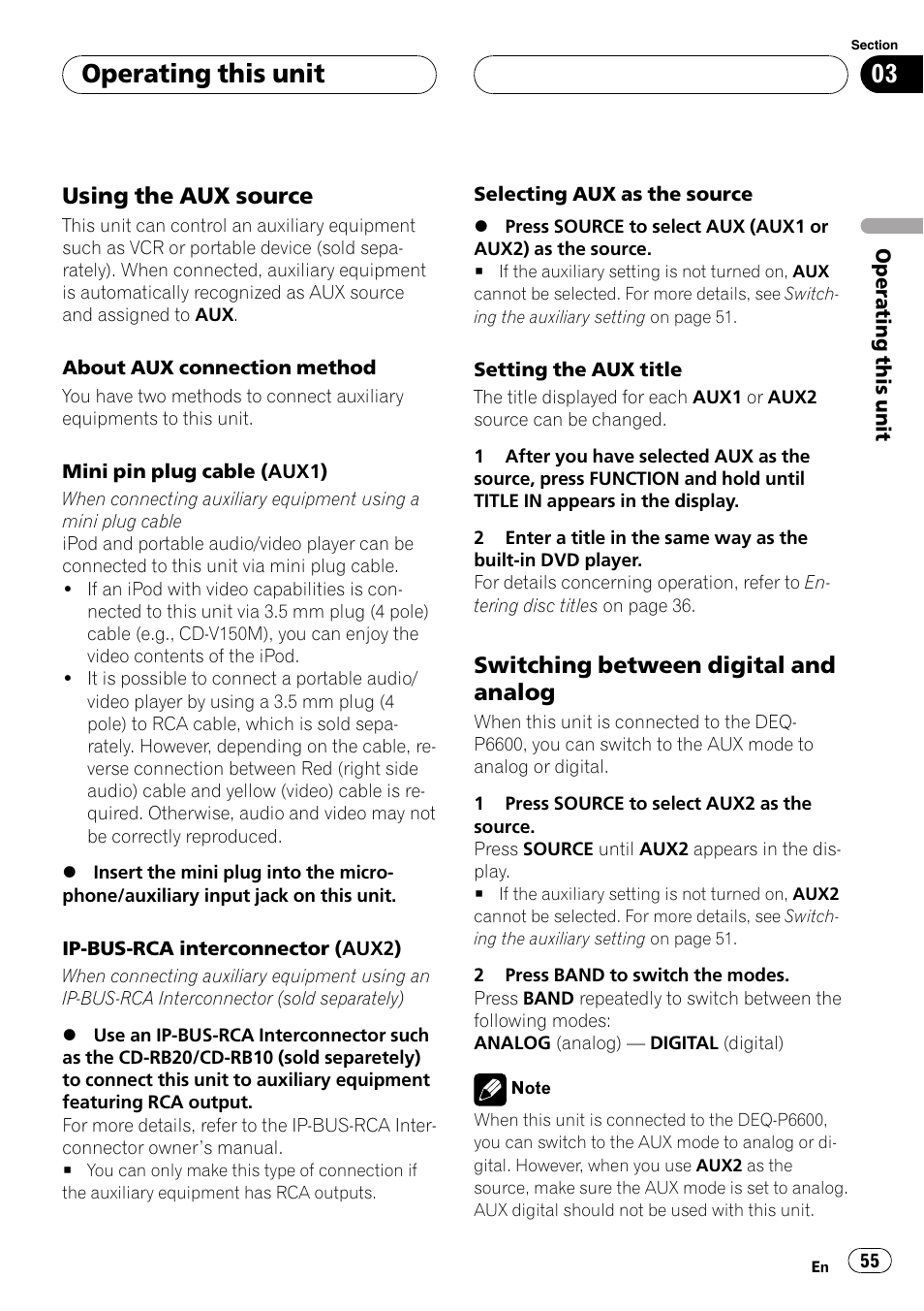 Operating this unit, Using the aux source, Switching between digital and analog | Pioneer DVH-P590MP User Manual | Page 55 / 97